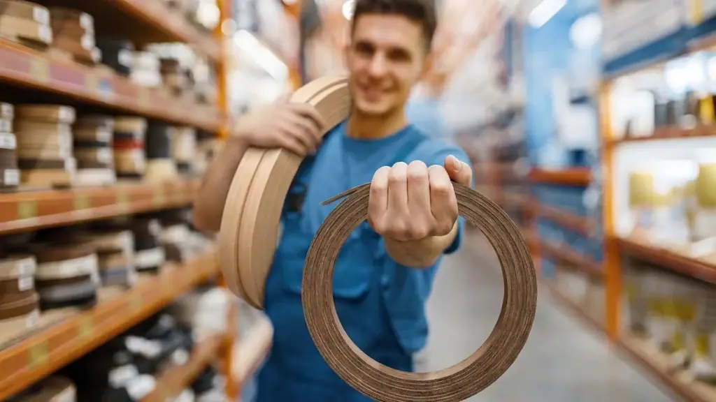 shop assistant holding rolls of edge banding